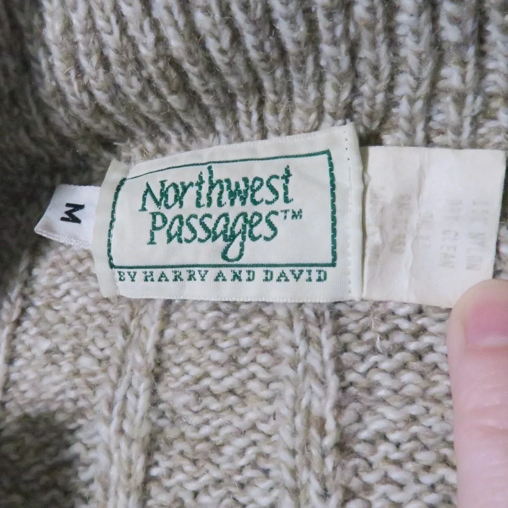 Northwest Passages Sweater Jacket M‎ Beige Elbow Patch Cabincore Vintage 90s